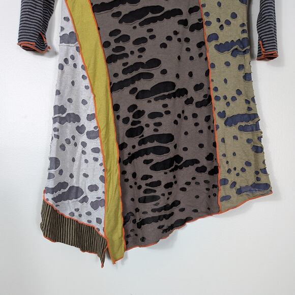 Vintage Tunic Top Patchwork Green Black Lagenlook Artsy Distressed Stripe Orange - Picture 10 of 12